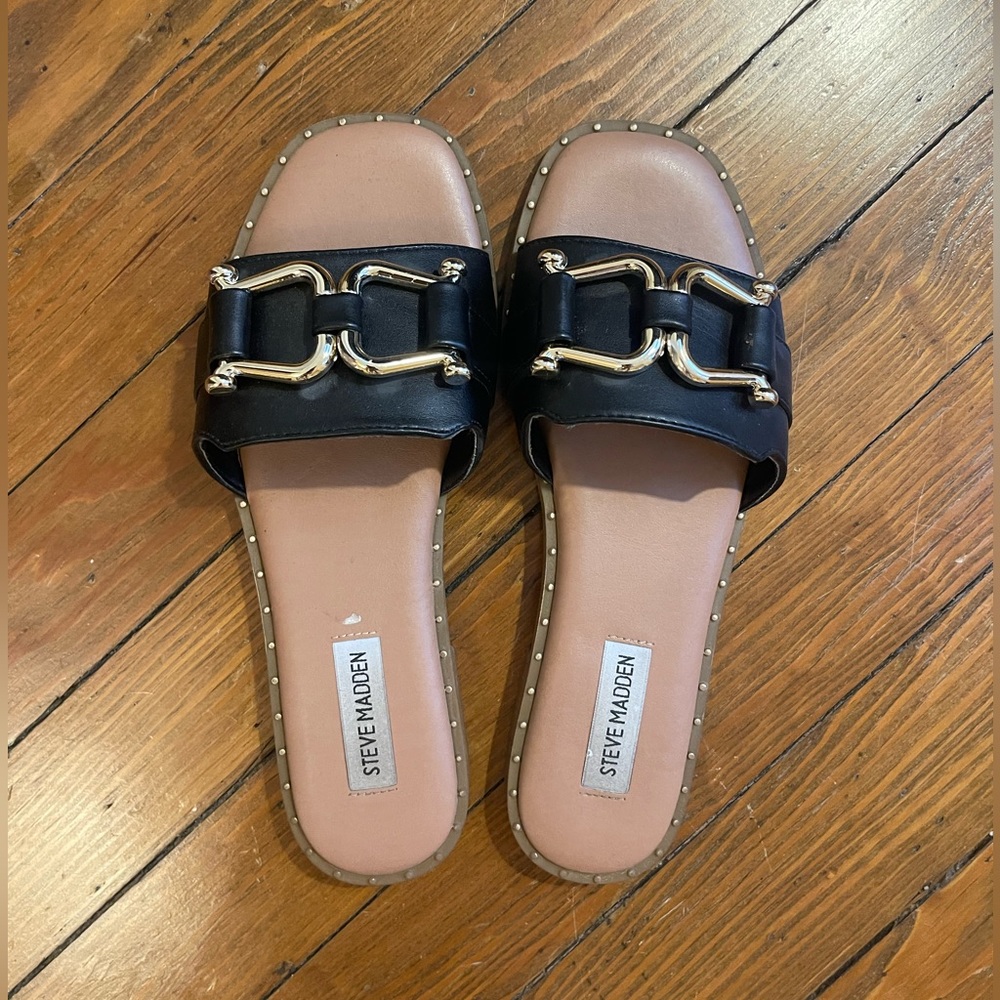 Steven Madden Black and Gold Buckle Slip Ons, Slides